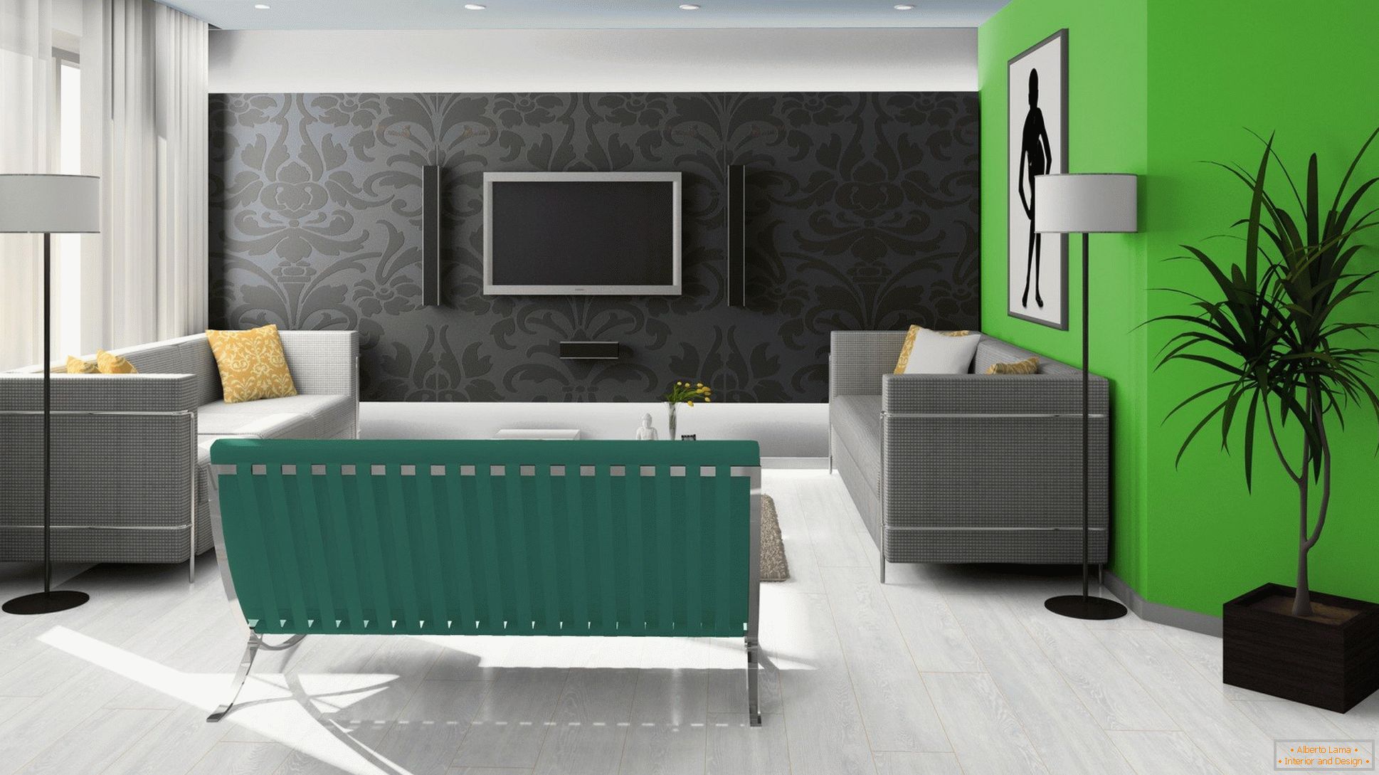 Negru, verde și alb în designul camerei de zi
