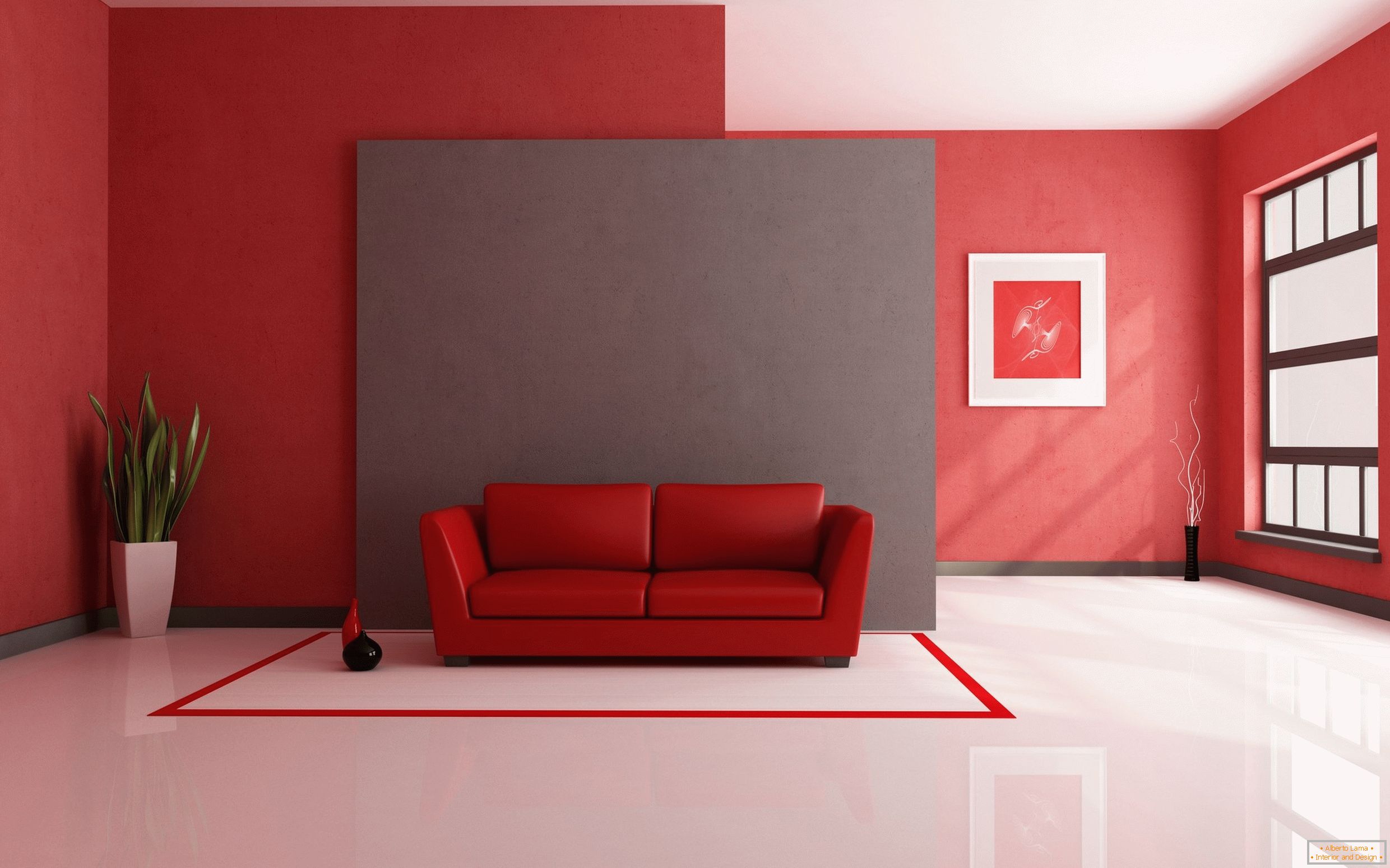 Podea albă în combinație cu materiale de finisaj roșu și elemente de interior
