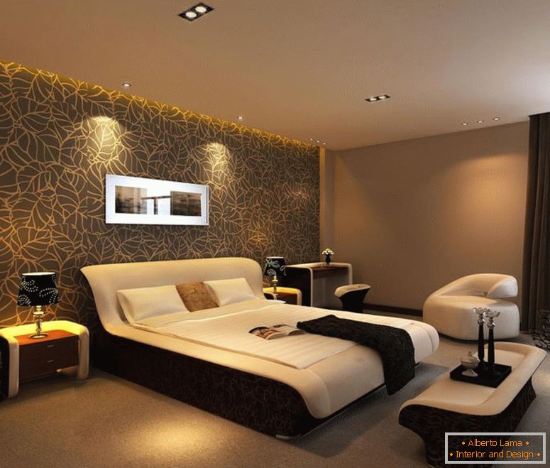 maro-accente-perete-idee-pentru-mare-dormitor-se combină cu-floral-background-print-și completat cu-confortabile-pat-plus-plăcut-alb-canapea