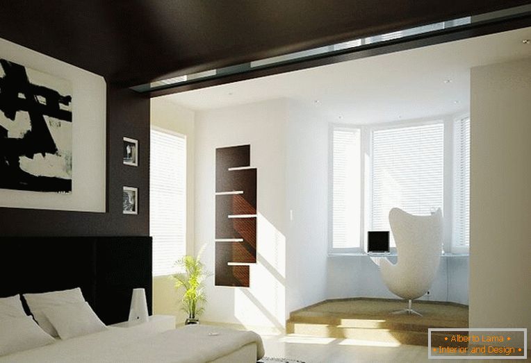 Un dormitor confortabil cu un tavan negru și pereți