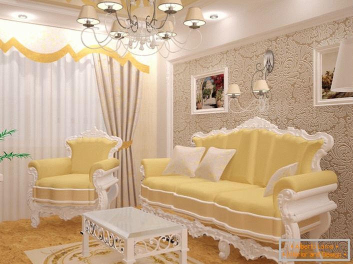 O mică cameră de oaspeți în stil baroc. Mobilier rafinat. Mobilierul este selectat în cele mai bune tradiții de stil baroc.