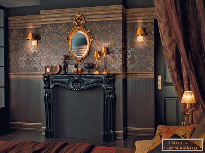 Portocaliu maro închis pentru dormitor în stil baroc. Panoul de pe întregul perete este decorat cu modele de aur simetrice.