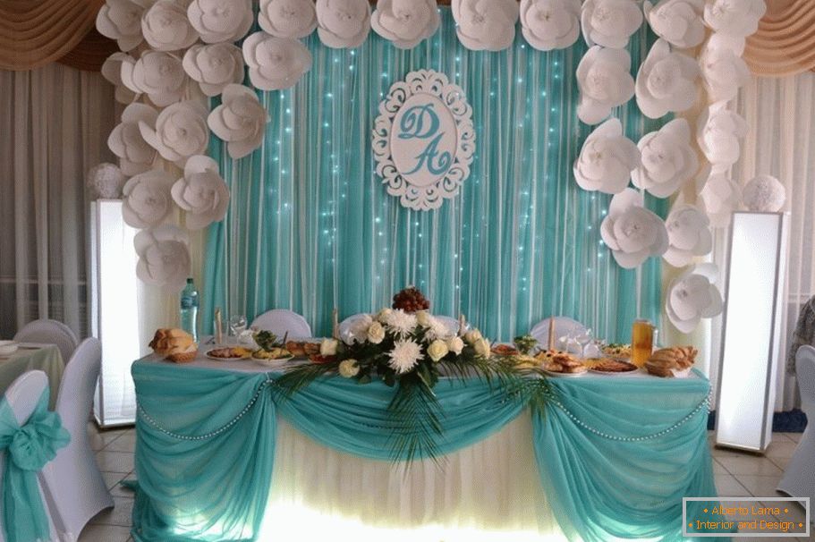 Culorile alb și turcoaz în decorarea sălii de nunți