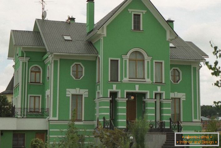 Pereții verzi sunt decorați cu stuc, conform stilului clasic. O opțiune bună pentru decorarea unei case de țară.