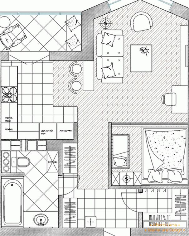 Designer interior al unui apartament cu o cameră pentru un cuplu tânăr