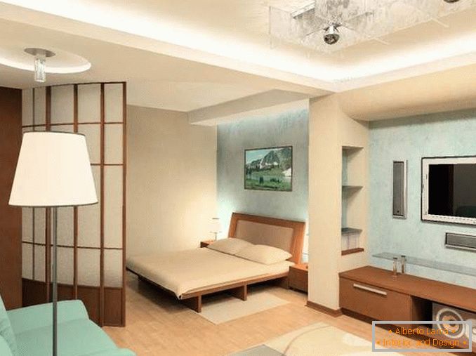 Design de apartament cu 1 camera in Hrușciov - fotografie a unei camere cu un pat