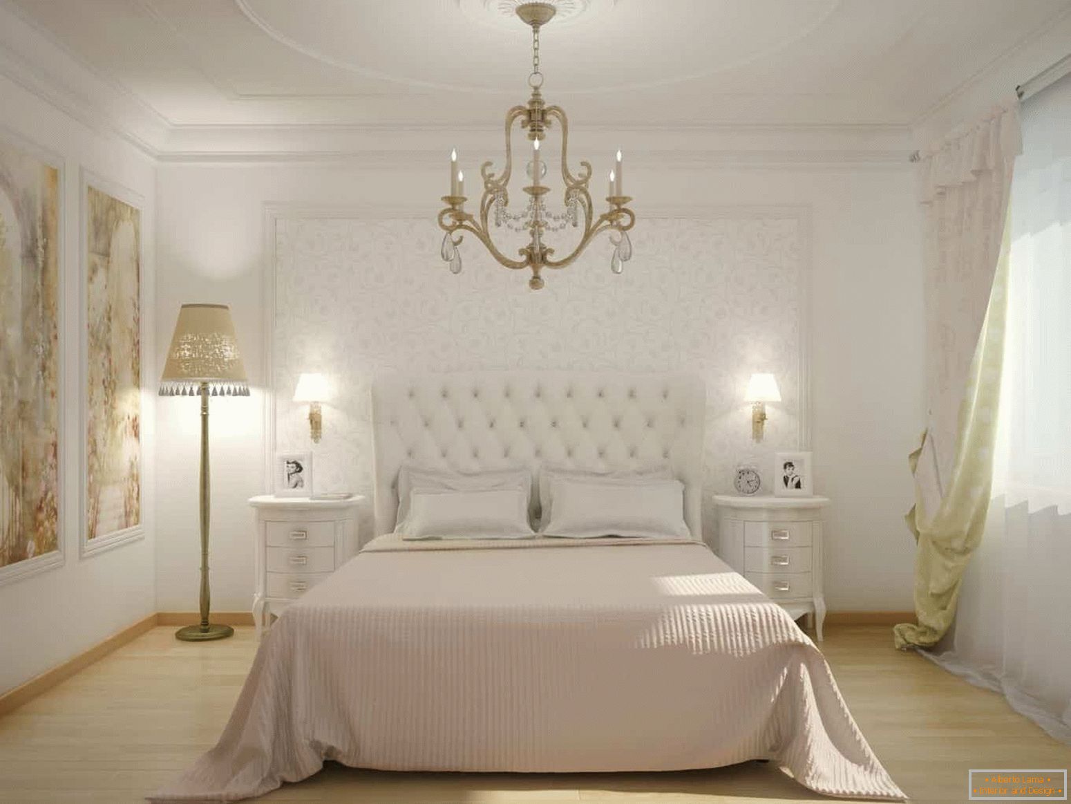 Dormitor alb clasic, cu panou pe perete