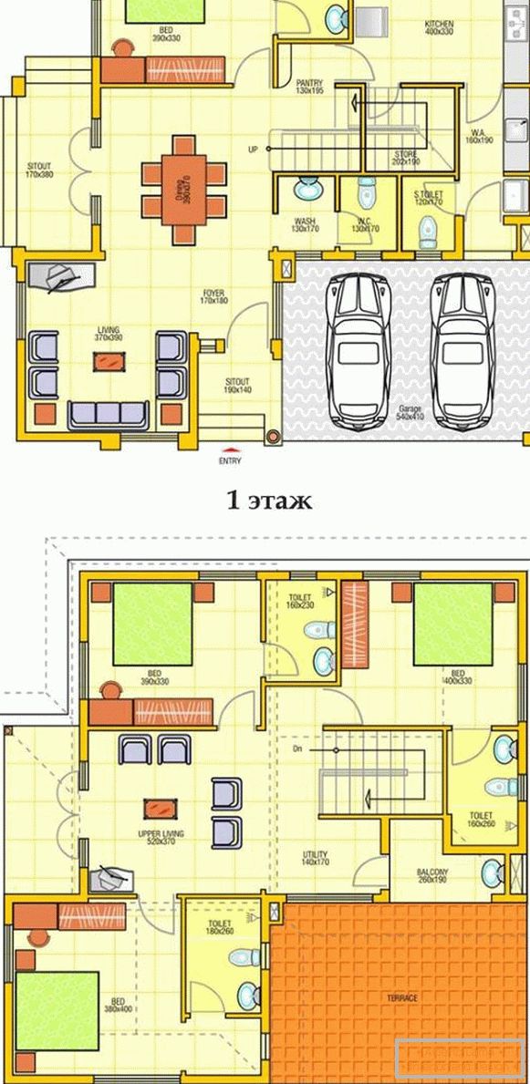 Planul unei case private cu două etaje, cu un garaj