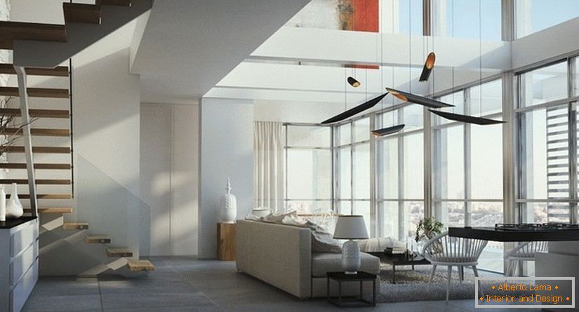 Ferestre mari - una dintre caracteristicile de design ale unui apartament pe două nivele