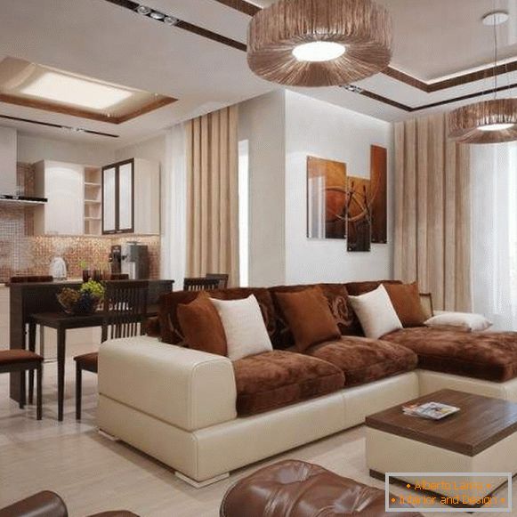 Design modern al camerei de zi într-o casă privată în culoare albă și maro