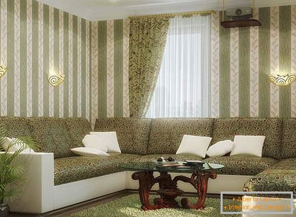 Designul camerei de zi într-o casă privată în culori albe și verzi