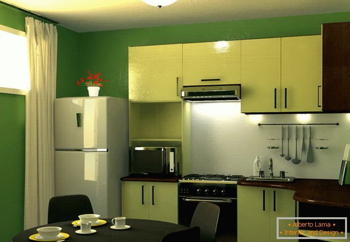Verdele este culoarea liniștii și a armoniei. Suprafață de bucătărie de 9 mp M în această schemă de culori - o soluție excelentă pentru proiectarea oricărui apartament din oraș.