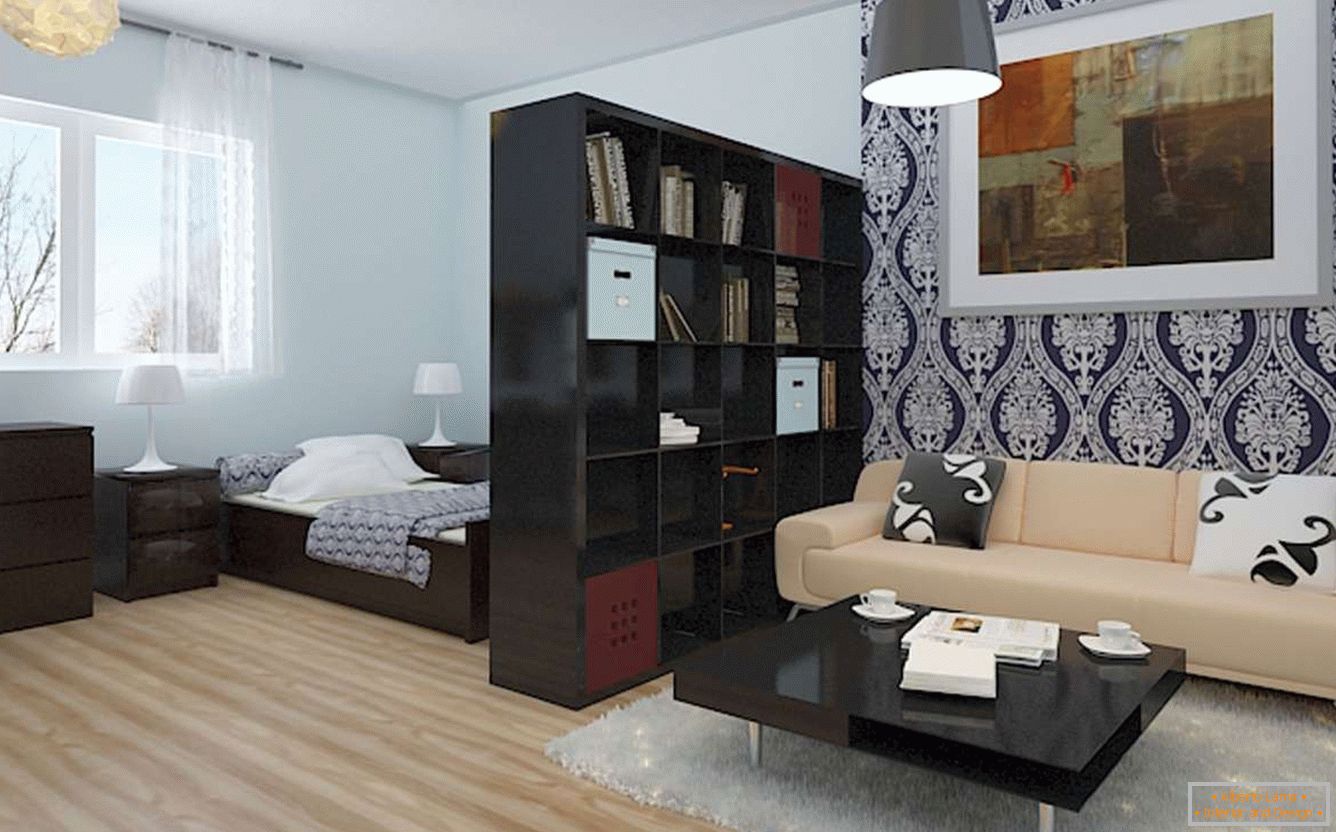 Fotografia unui interior al unui dormitor și a unui salon în apartamentul cu o cameră