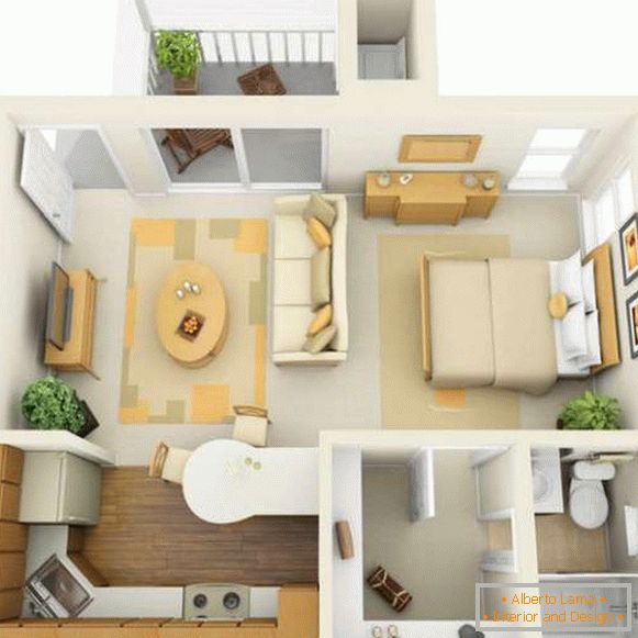 Proiect de design pentru interiorul unui apartament cu o camera in stil modern