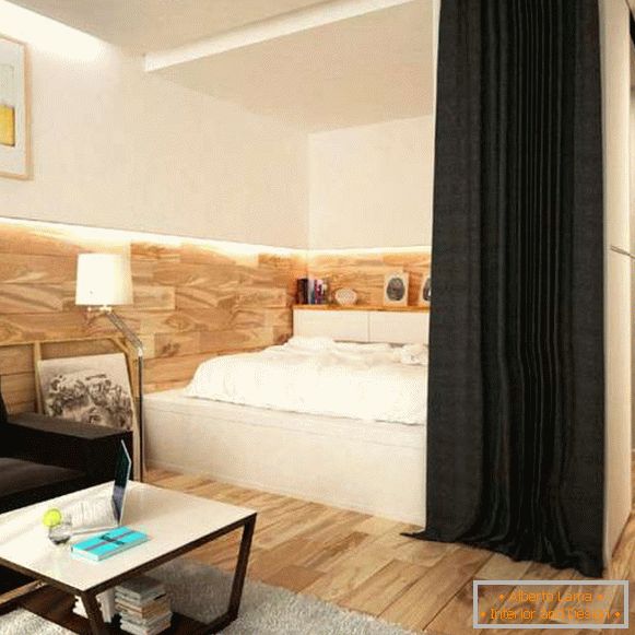 Design interior al unui apartament mic - separarea dormitorului de perdele