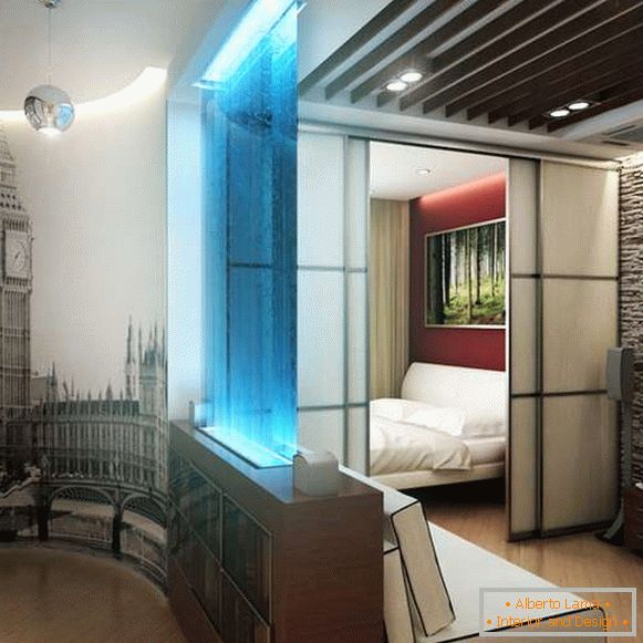 Design interior al unui apartament de 40 mp M cu partiții culisante