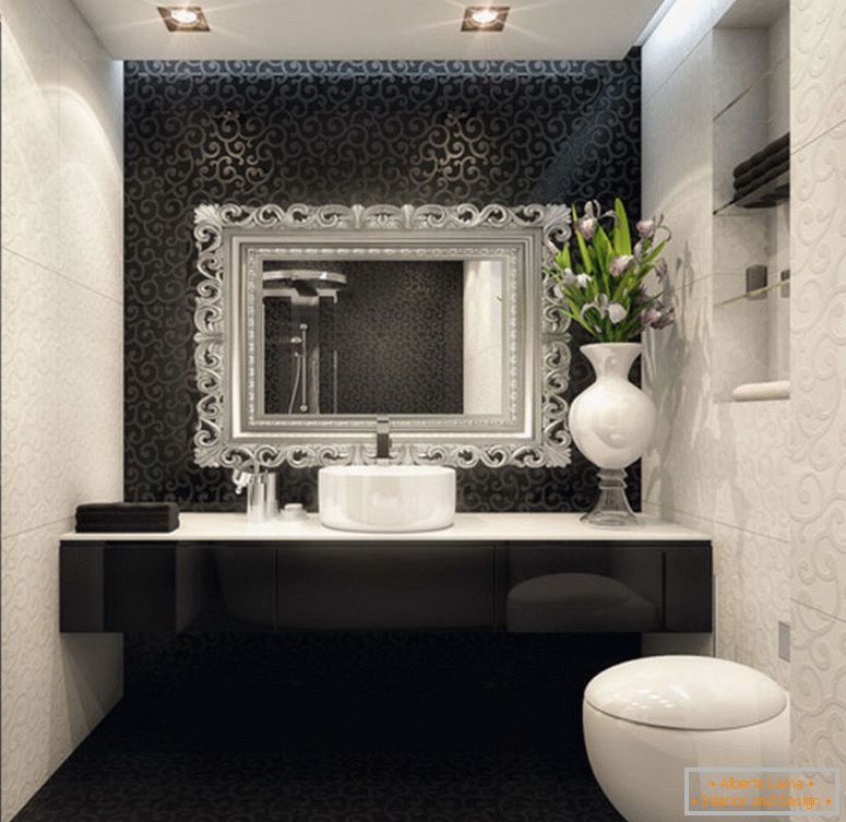 frumos-interior-design-de-mici-cameră-cu-negru-și-alb-baie-decorare-si-lămpi