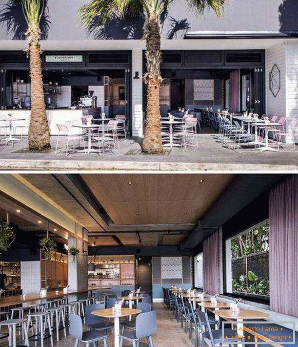 Cafenea moderne de design în stil loft și culori pastelate