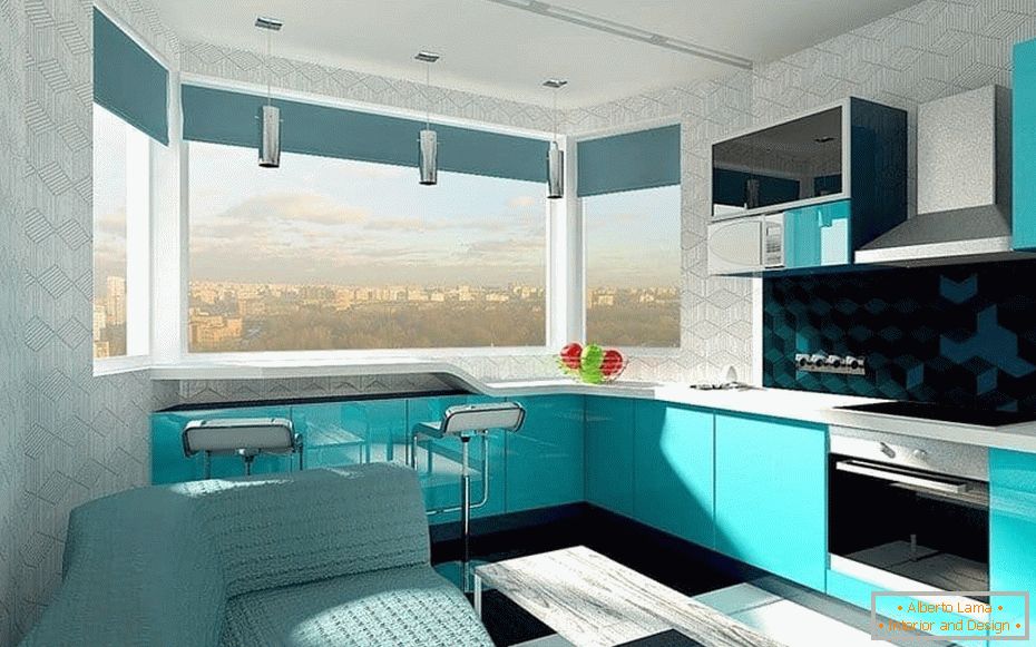 Design design bucătărie într-o culoare de fructe de padure cu o fereastră de bay cu un contor bar la fereastră