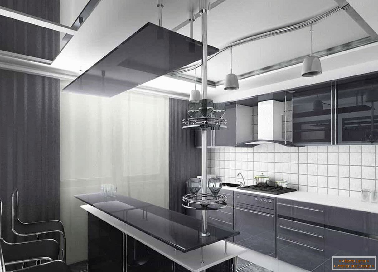 Perdele întunecate și o fațadă întunecată a bucătăriei, combinate cu un șorț alb și un tavan