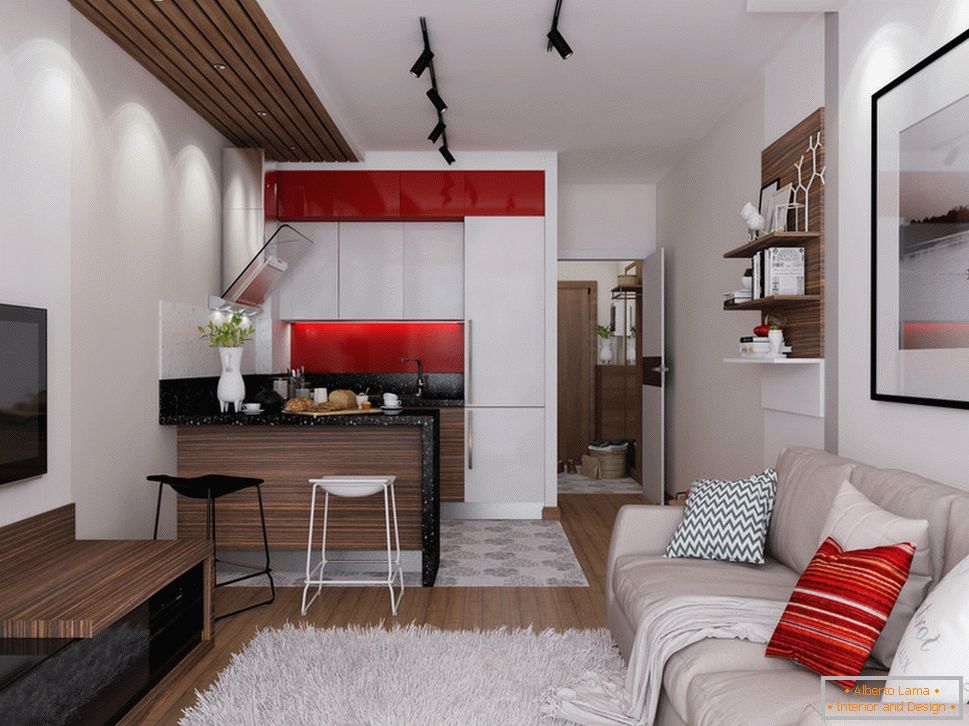 Proiectare apartament 30 mp m cu accente roșii