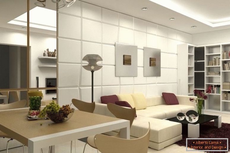 inspirator-moderne-sufragerie-si-living-room-design-pentru-mici-apartament-cu-bej-imitație de piele-secțiune-canapea-și-negru-sticlă-cafea-masă de-la-roz-maro-covoare-AS- bine ca-cool-colț-lemn-rafturi de cărți-1120x7