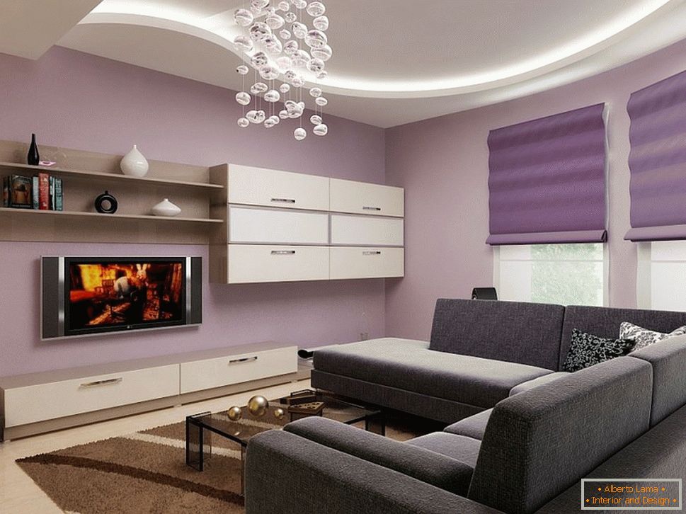Purple și negru în designul camerei de zi