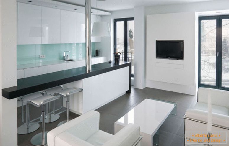 dormitoare simplu-studio-apartament-design-idee-pentru-living-cu-alb-canapea-cu-alb-masă gri-podea țiglă și sticlă-ușă cu negru-frame-elegant- Design-idei studio-apartament-