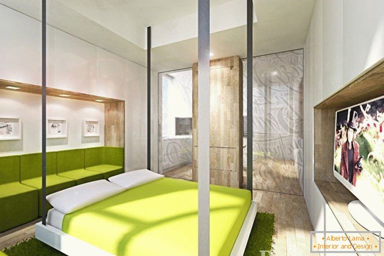 Interior alb și verde al dormitorului