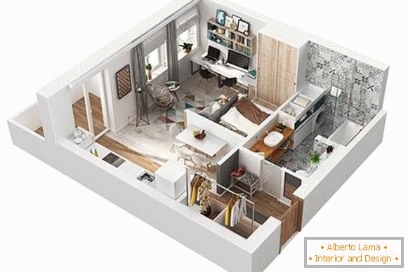 Proiectați un proiect 3D de apartament cu o cameră de 40 mp