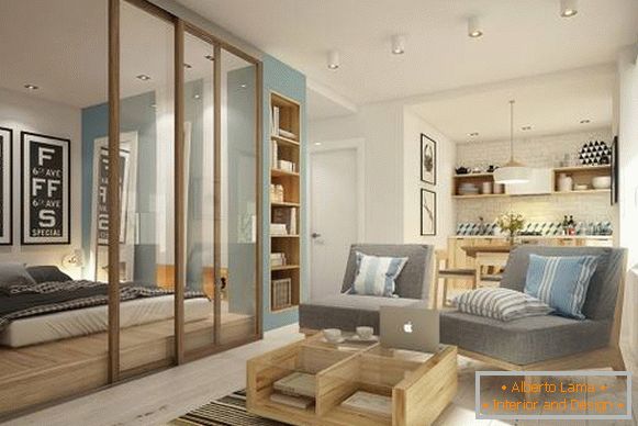 Camera de zi și dormitor în design apartament cu 1 camera de 40 mp