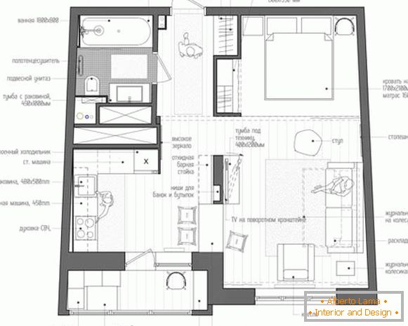 Proiect de design foto al unui apartament cu o camera de 40 mp