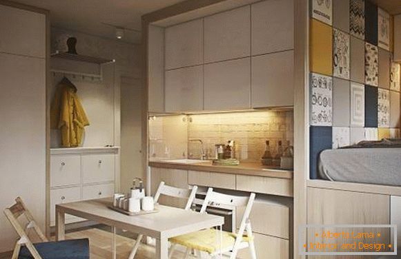 Designul la modă al unui apartament cu o cameră de 40 mp - fotografie de bucătărie și dormitor