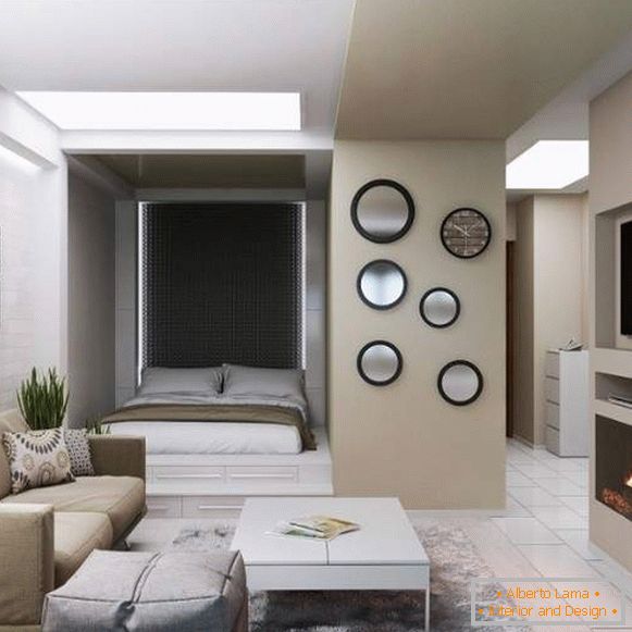 Design interior de apartament cu o cameră cu zonă de dormit