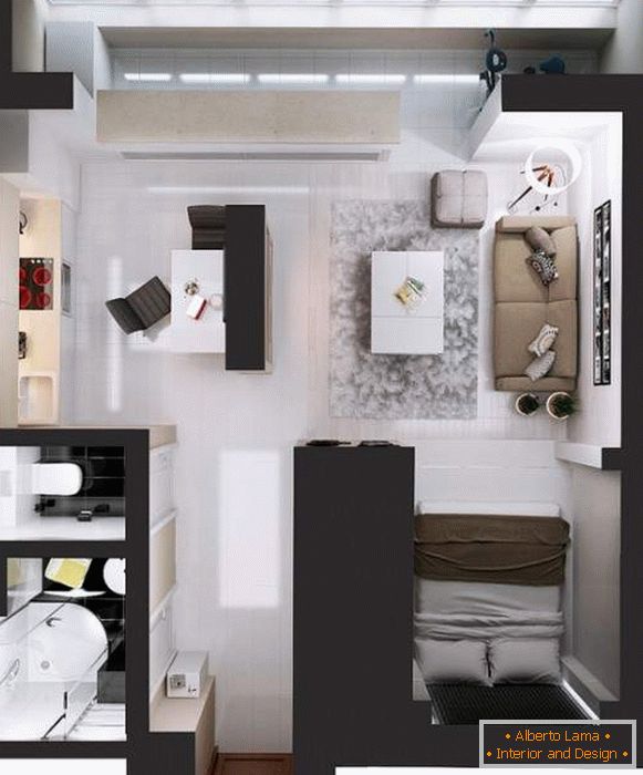 Design studio studio de proiect - cum să împartă dormitor și hol