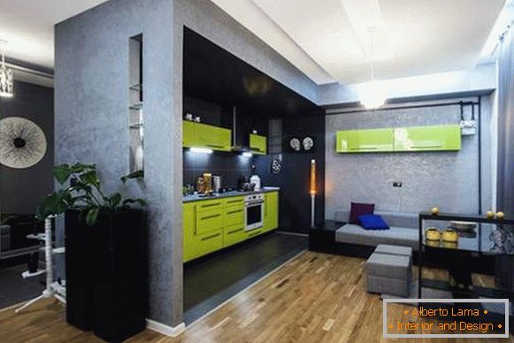 Design interior al unui apartament cu o cameră cu bucătărie combinată