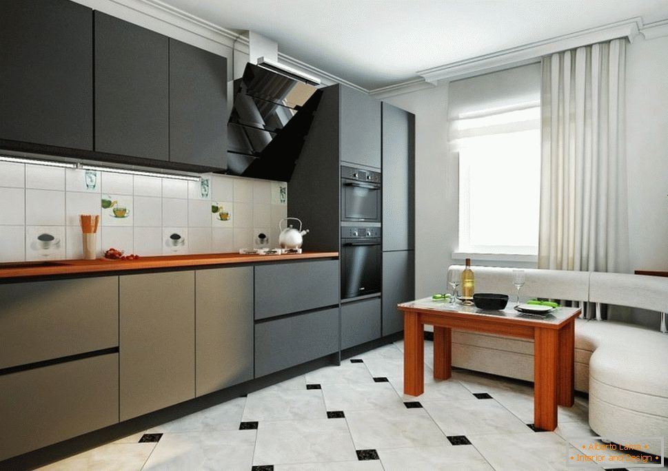 Mobilă neagră și colț alb în bucătărie
