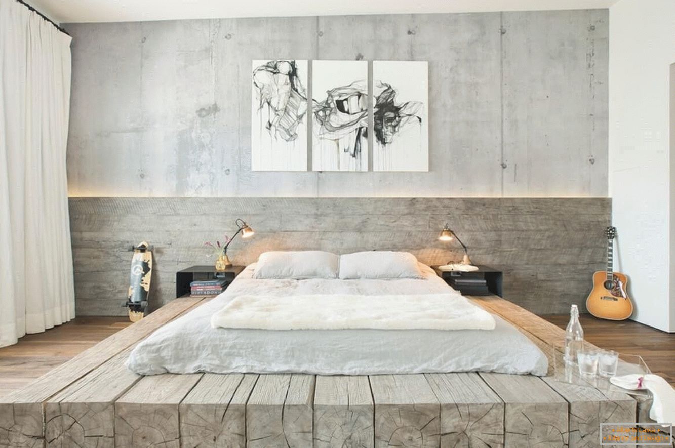Lemn și beton în dormitor