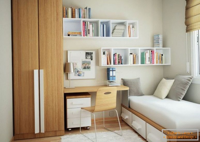 minimalist-mic-apartament-design-cu-brun-lemn-dulap-aproape-birou-si-alb-lemn-plutitoare-raft-atașat-to-the-alb-perete, de asemenea, maro-lemn-single-bed- montate alb-lemn-3-glisante-frame-dr