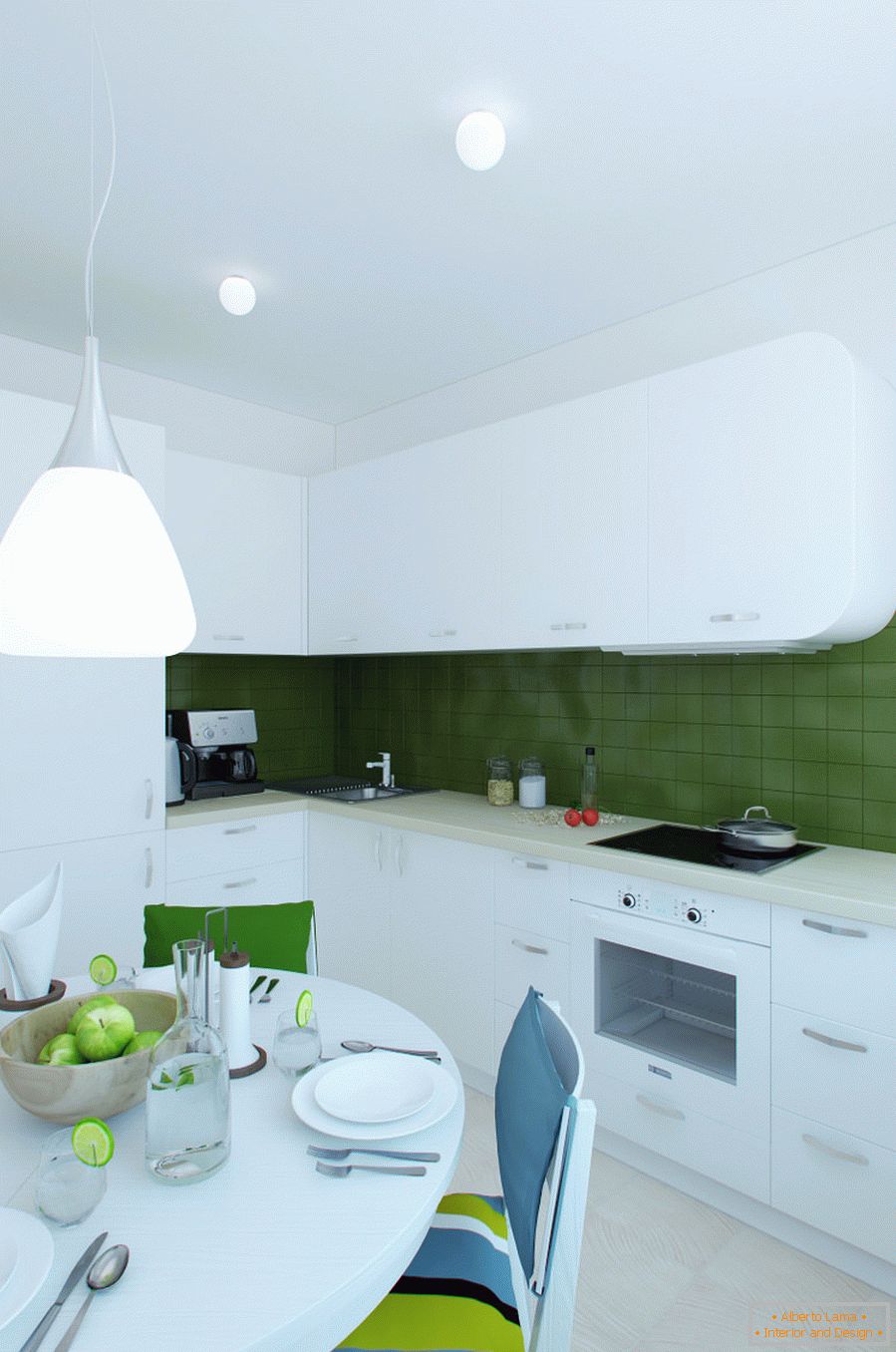 Design de interior de bucătărie în culori albe și verzi