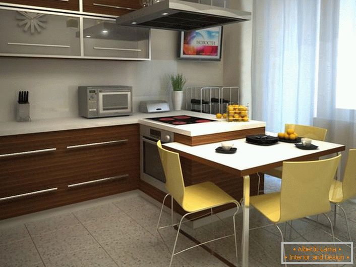 Proiect de design pentru o zonă de bucătărie de 12 metri pătrați. Varianta corectă de mobilier permite salvarea spațiului util.