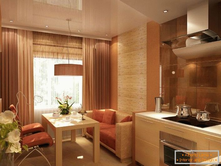 Bucătărie de lux pentru un mic apartament în stil Art Nouveau. 12 pătrate pot fi, de asemenea, spațioase și ușoare.