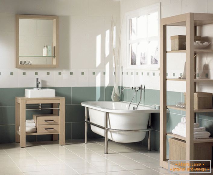 Mobilier din lemn - o soluție excelentă pentru baie în stil Art Nouveau. Culorile luminoase ajută la relaxarea și relaxarea gazdei și a oaspeților săi.