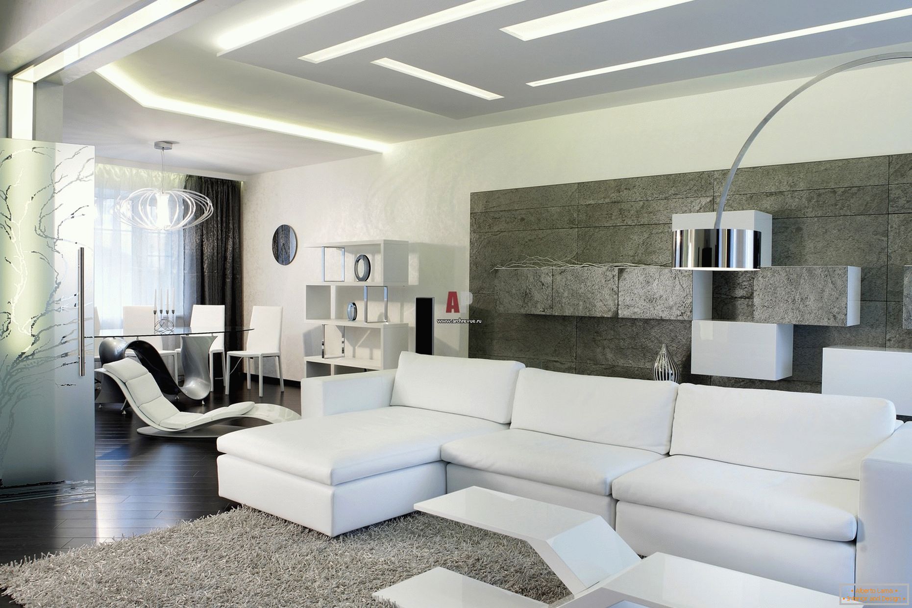 Interiorul alb al oaspeților camerei într-un stil minimalist este demn de remarcat pentru un design modern, îndrăzneț, cu indicii de înaltă tehnologie.