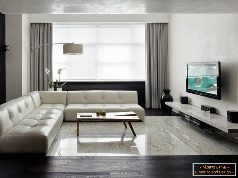 Una dintre cele mai utilizate culori pentru decorarea interiorului în stiluri de minimalism este gri. O gamă largă de nuanțe de gri permite proiectantului să aranjeze accentele luminoase, făcând camera mai spațioasă. 