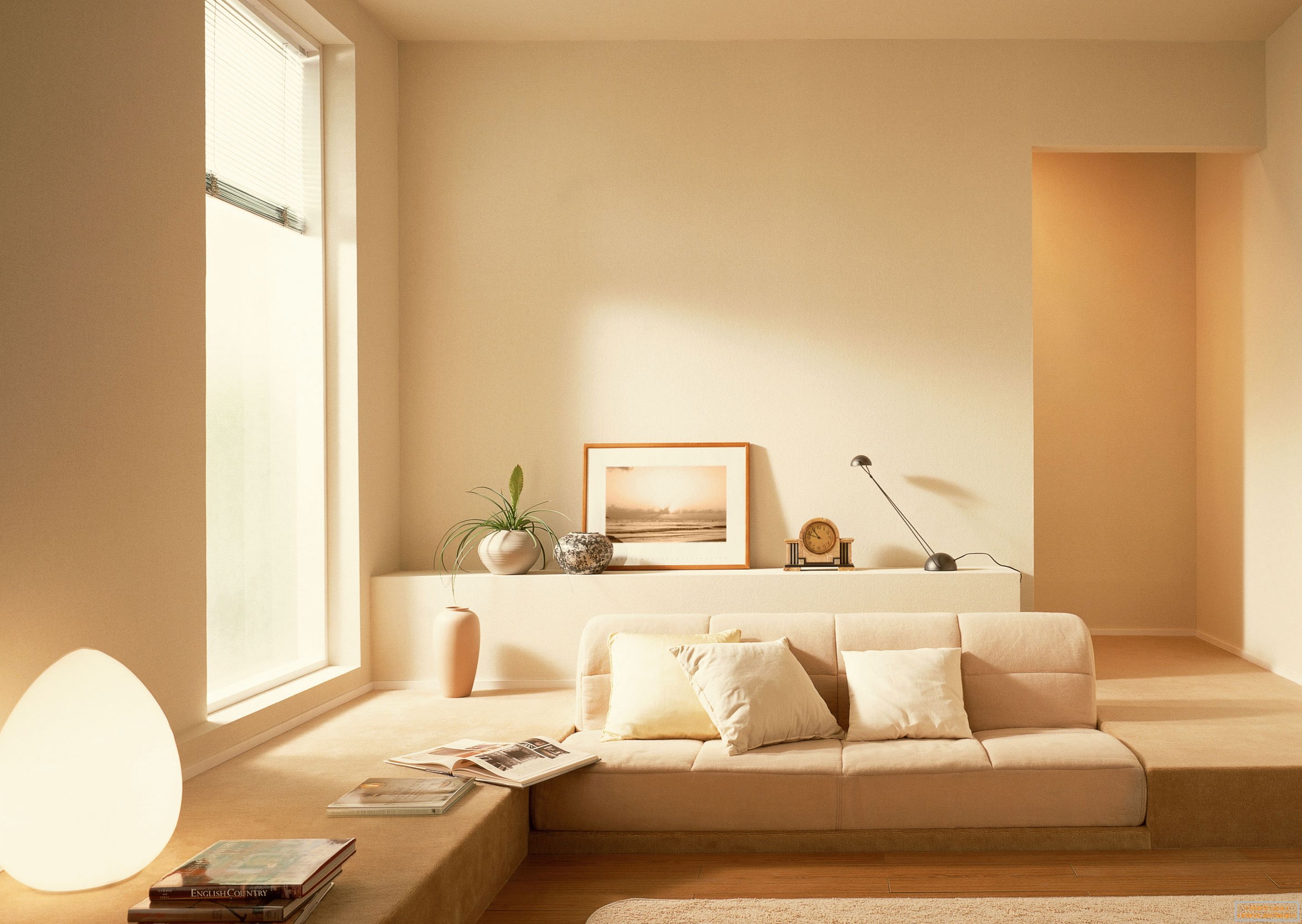 În conformitate cu stilul de minimalism, o nuanță calmă bej a fost folosit pentru a organiza interiorul camerei de zi.