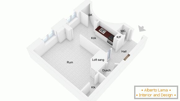 Planul unui mic apartament în Suedia