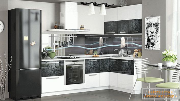Bucătăria modernă este decorată cu o unitate modulară de bucătărie. Setul de colț vă permite să economisiți spațiu.