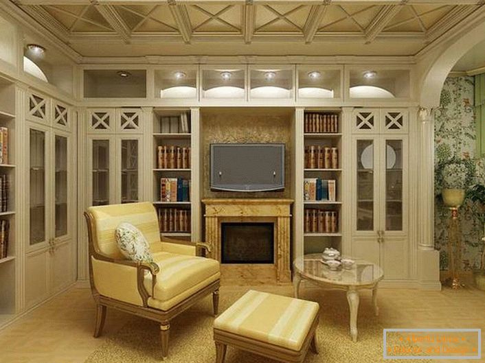 Cameră luminoasă în stil rustic, cu iluminare adecvată. În interior, în cele mai bune tradiții ale țării, se utilizează elemente de decor de lemn.