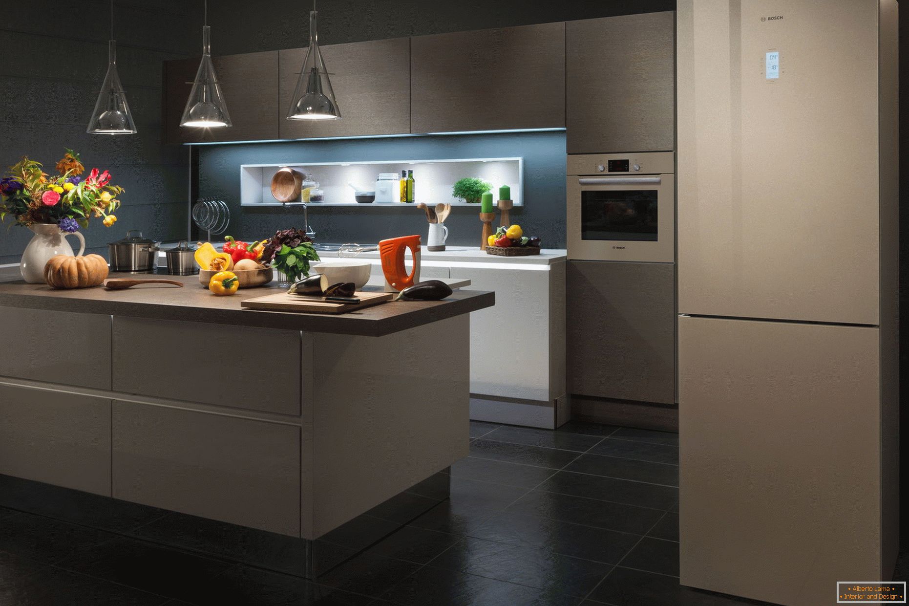 Interiorul modern al bucătăriei cu frigider